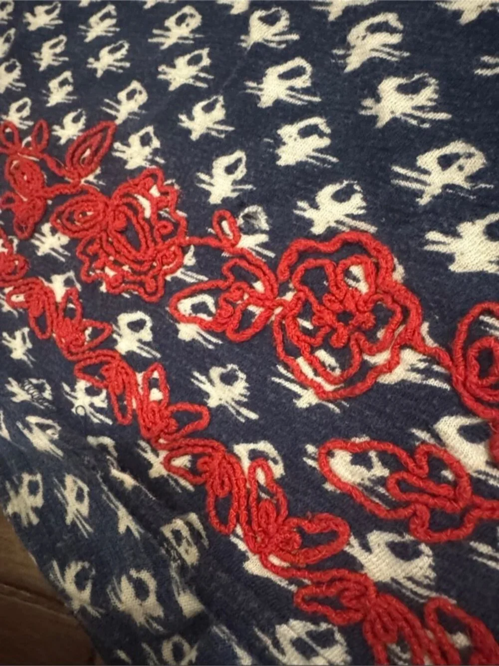 Navy Patterned V-Neck Blouse with Red Embroidered Hem - Picture 3 of 3